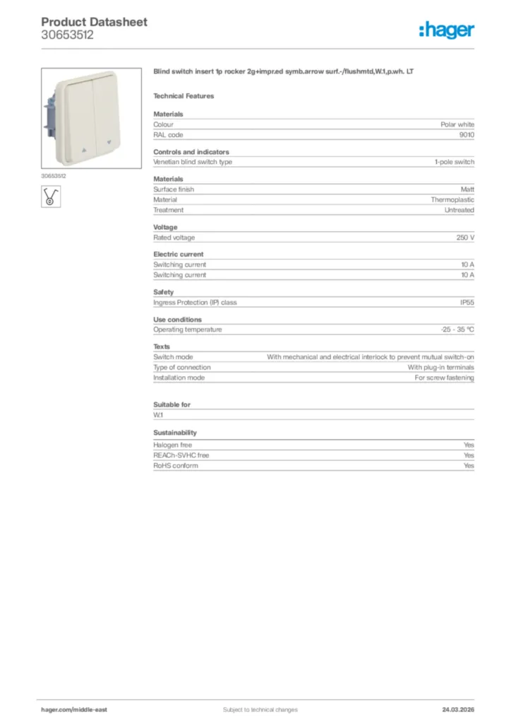 Image Hager Product data sheet 30653512  | Hager
