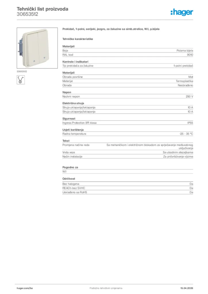 Slika Hager Tehnički list proizvoda 30653512  | Hager