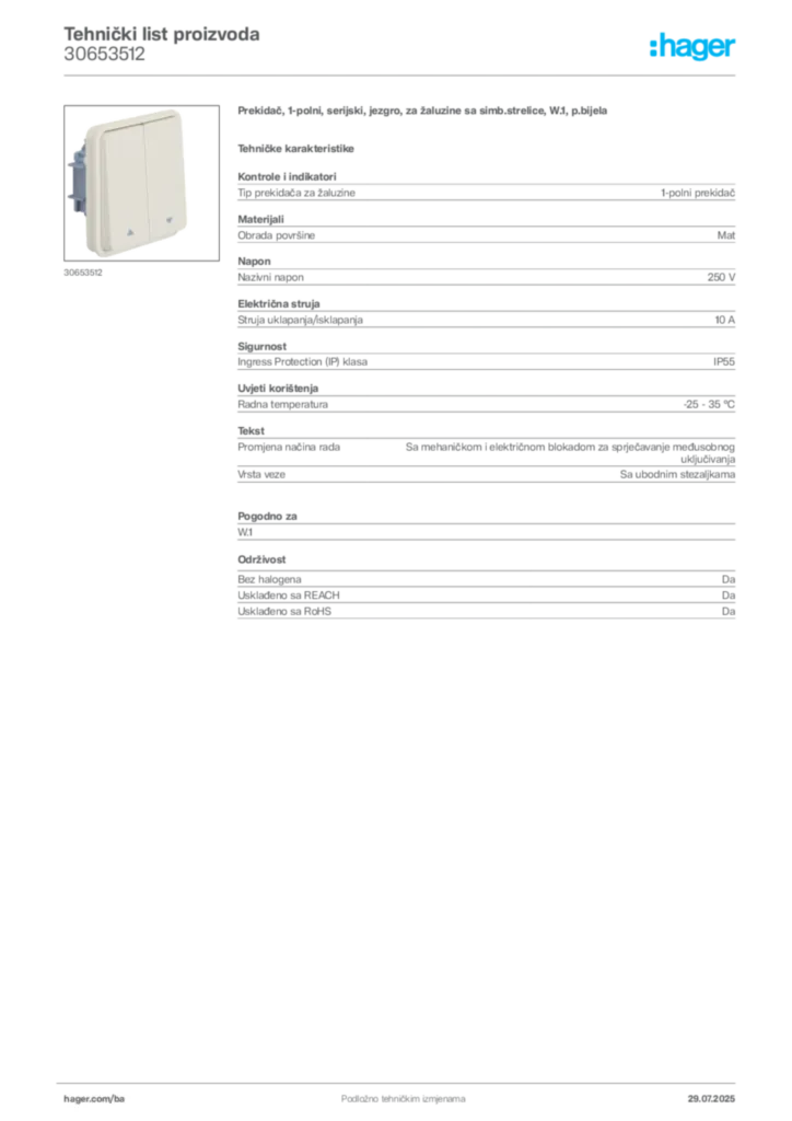 Slika Hager Product data sheet 30653512  | Hager