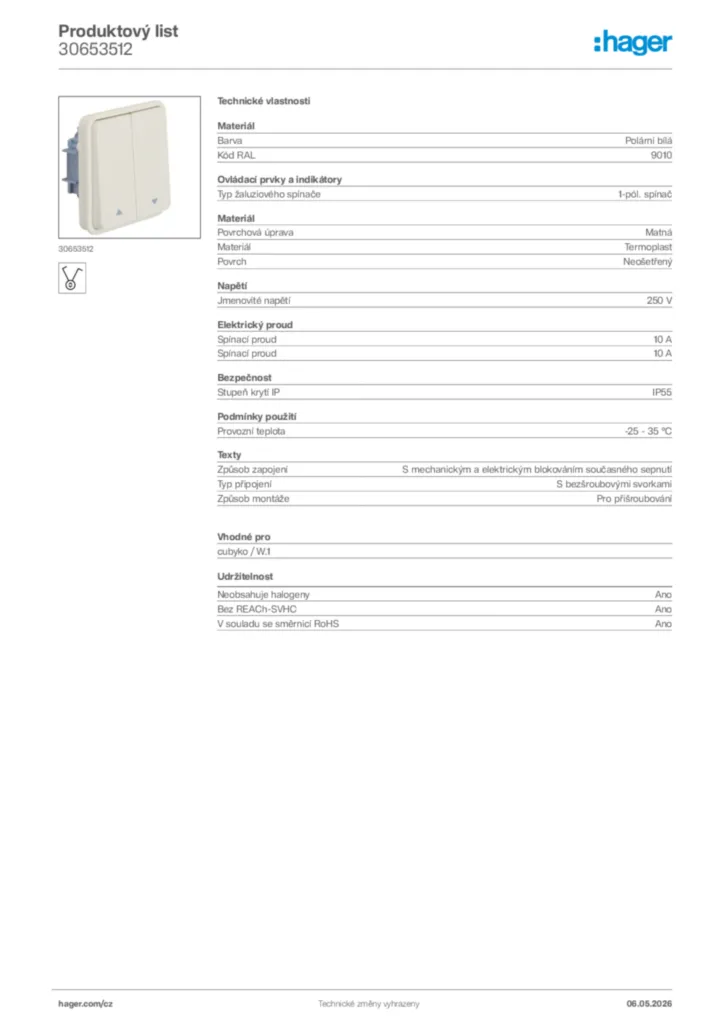 Obrázek Hager Product data sheet 30653512 | Hager