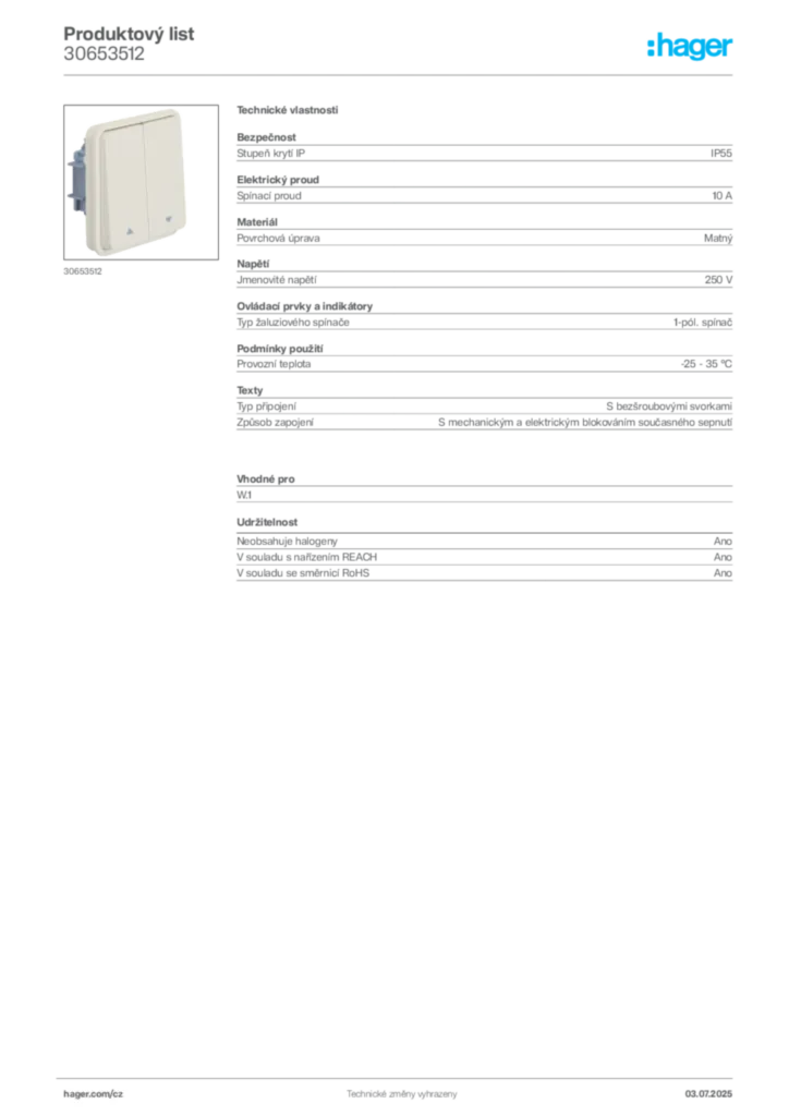 Obrázek Hager Product data sheet 30653512 | Hager