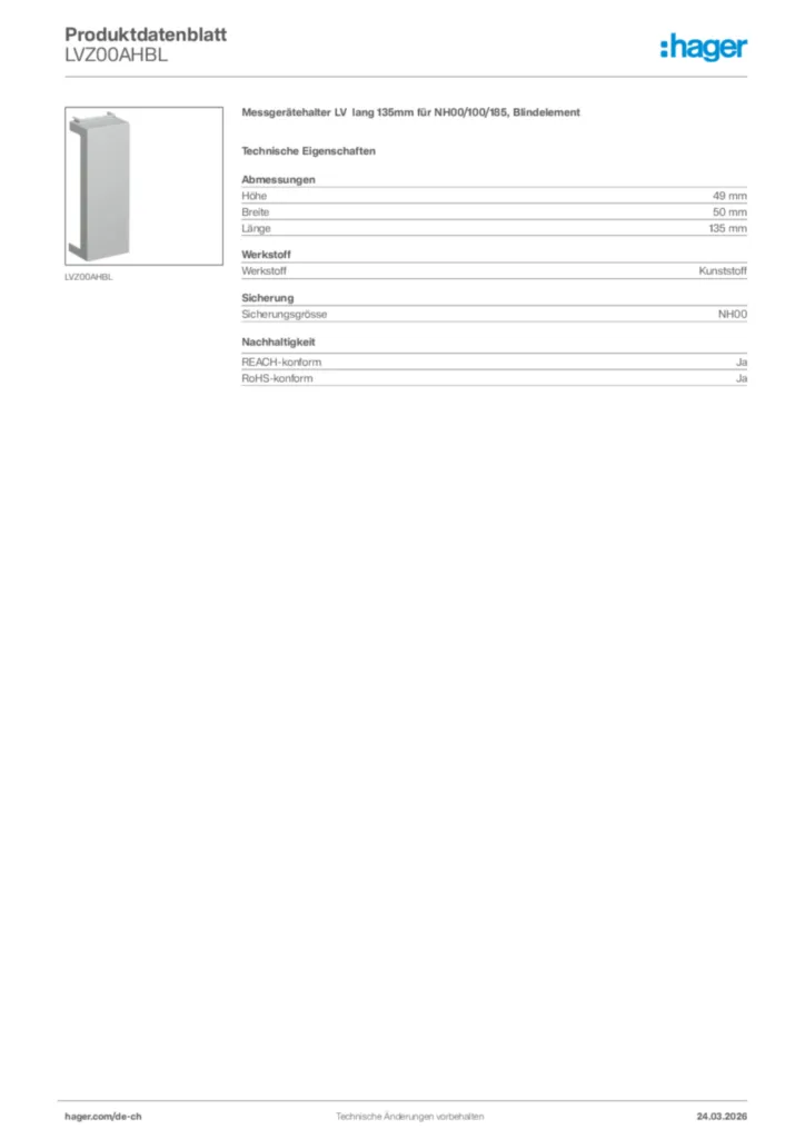 Bild Hager Produktdatenblatt LVZ00AHBL | Hager Schweiz