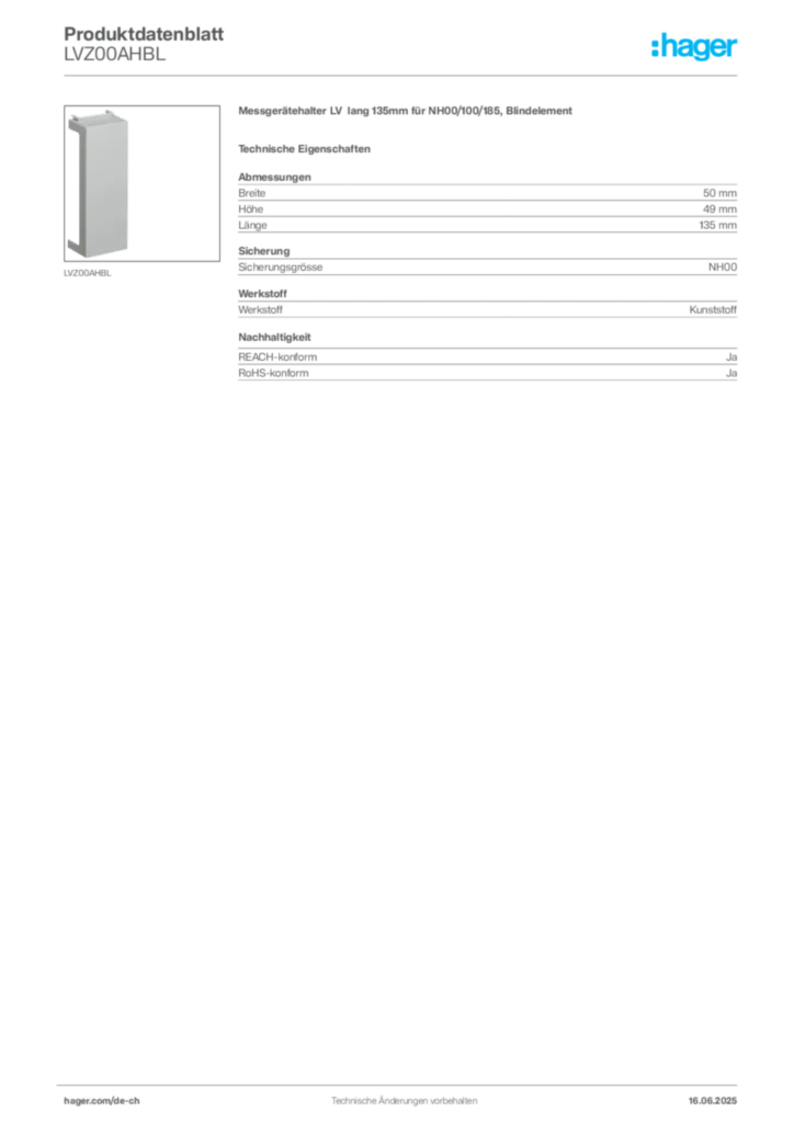Bild Hager Produktdatenblatt LVZ00AHBL | Hager Schweiz
