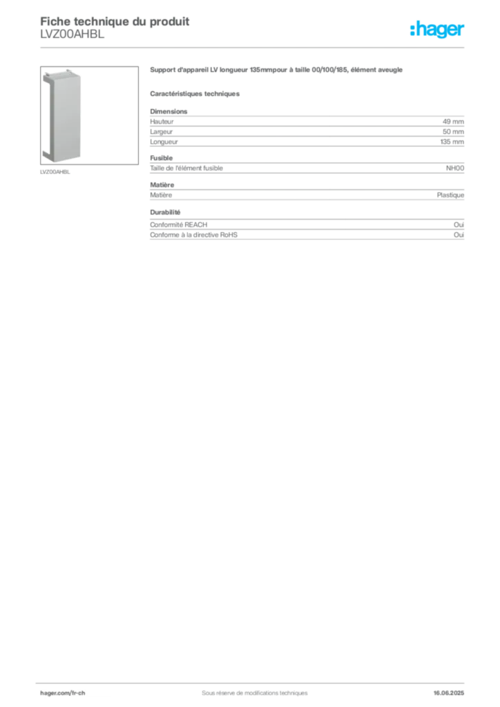 Image Hager Fiche technique du produit LVZ00AHBL | Hager Suisse