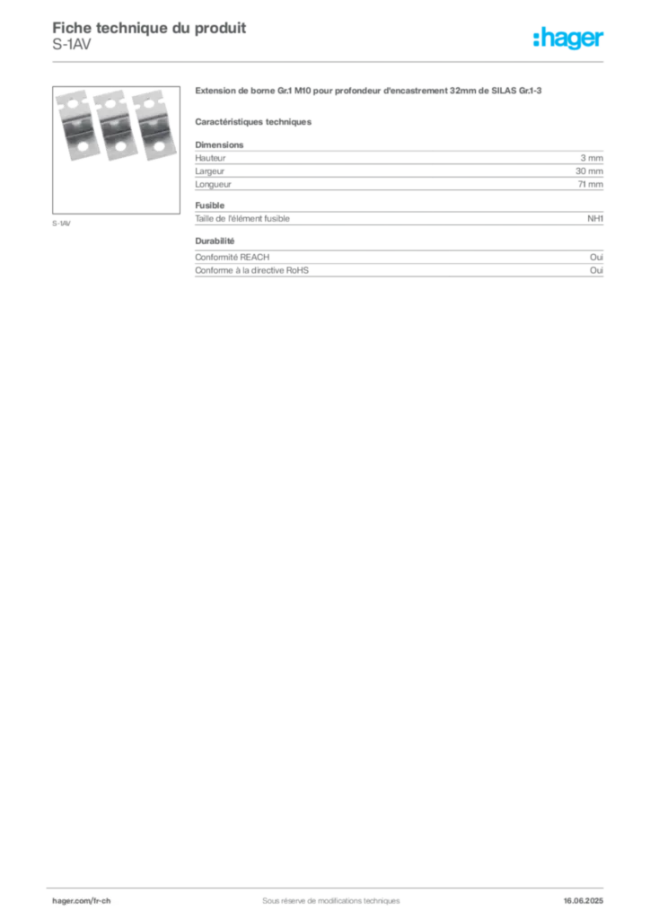 Image Hager Fiche technique du produit S-1AV | Hager Suisse