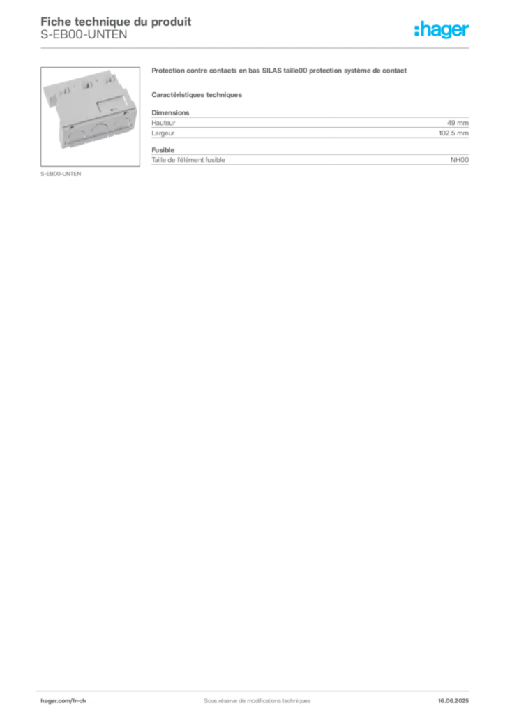 Image Hager Fiche technique du produit S-EB00-UNTEN | Hager Suisse