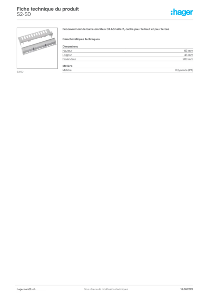 Image Hager Fiche technique du produit S2-SD | Hager Suisse