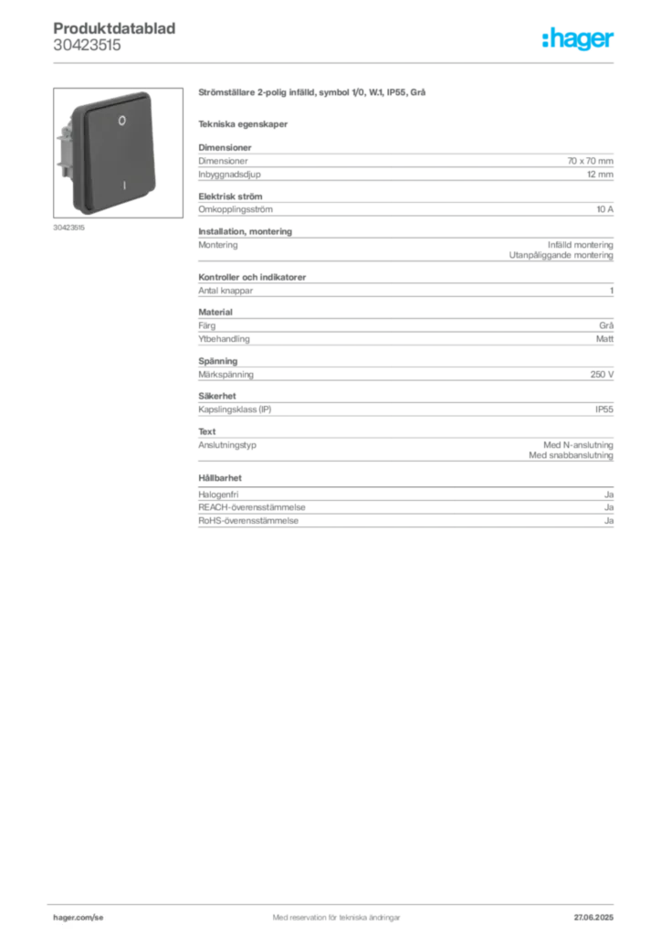 Bild Hager Produktdatablad 30423515 | Hager Sverige