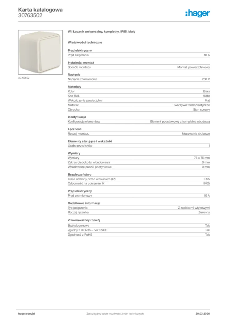 Zdjęcie Hager Karta katalogowa 30763502 | Hager Polska