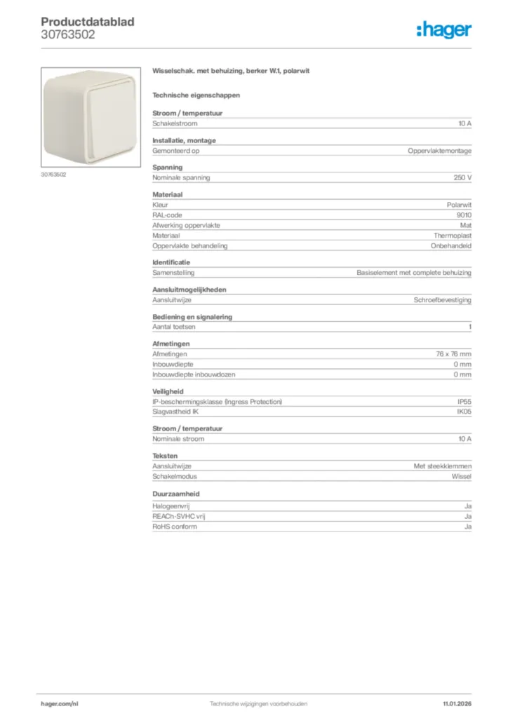 Afbeelding Hager Productdatablad 30763502 | Hager Nederland