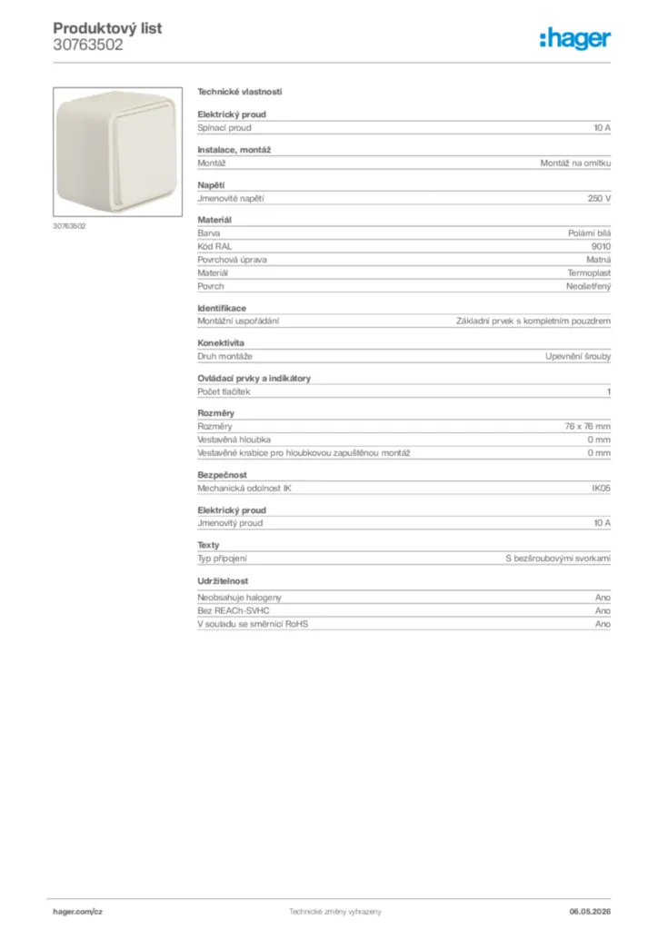 Obrázek Hager Product data sheet 30763502 | Hager
