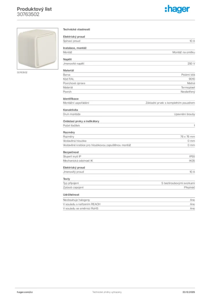 Obrázek Hager Product data sheet 30763502 | Hager