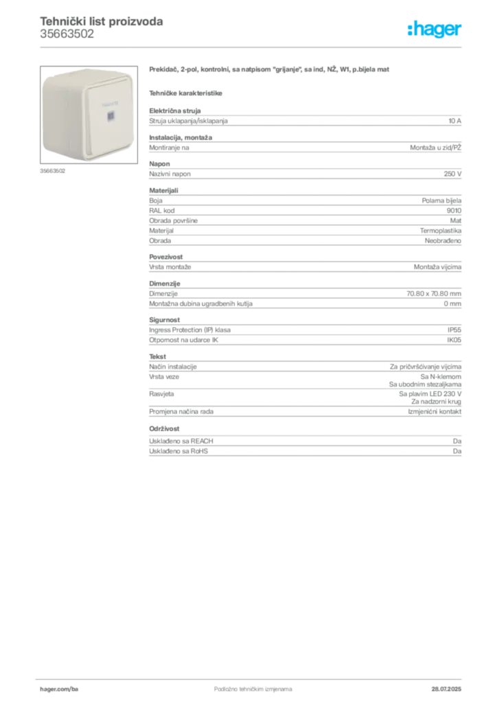 Slika Hager Product data sheet 35663502  | Hager