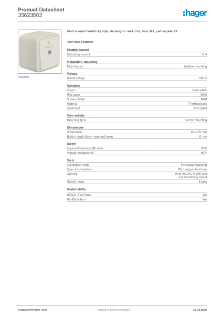 Image Hager Product data sheet 35623502  | Hager