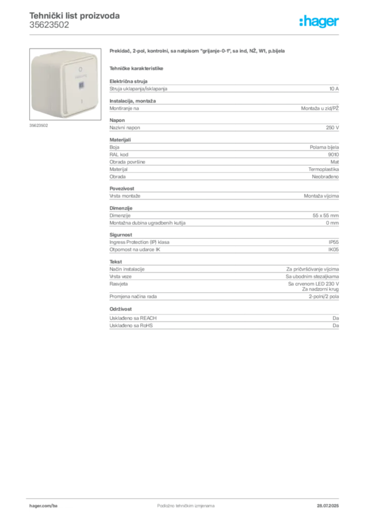 Slika Hager Product data sheet 35623502  | Hager