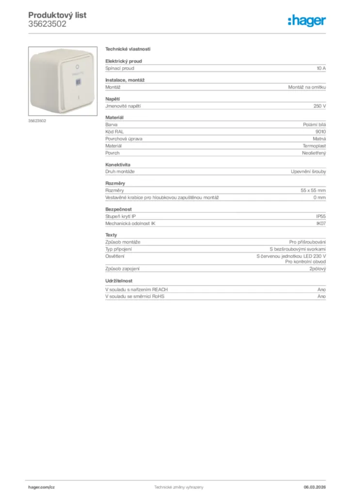 Obrázek Hager Product data sheet 35623502 | Hager