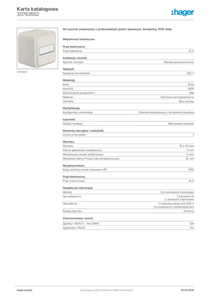 Zdjęcie Hager Karta katalogowa 30763552 | Hager Polska