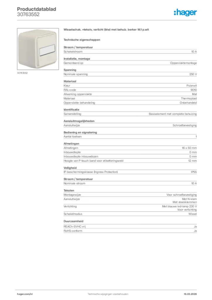 Afbeelding Hager Productdatablad 30763552 | Hager Nederland