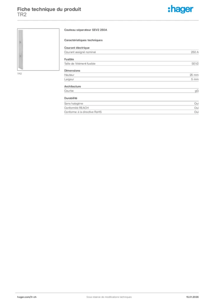 Image Hager Fiche technique du produit TR2 | Hager Suisse