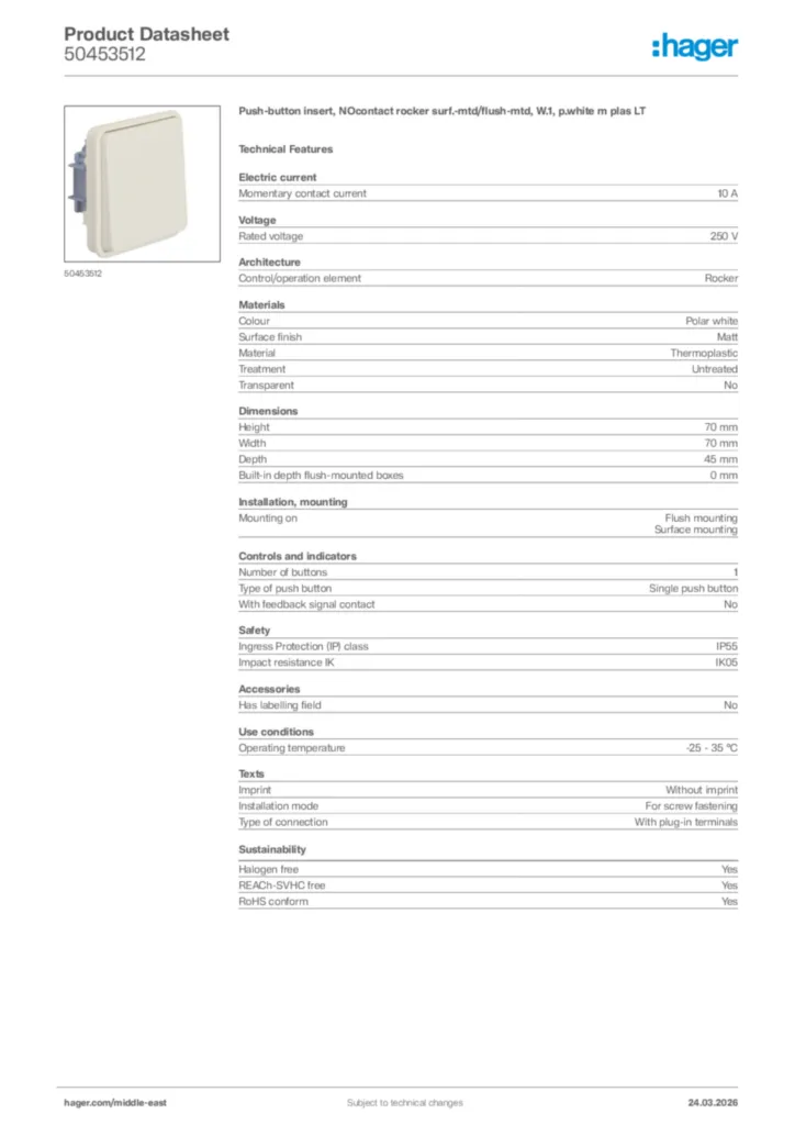 Image Hager Product data sheet 50453512  | Hager
