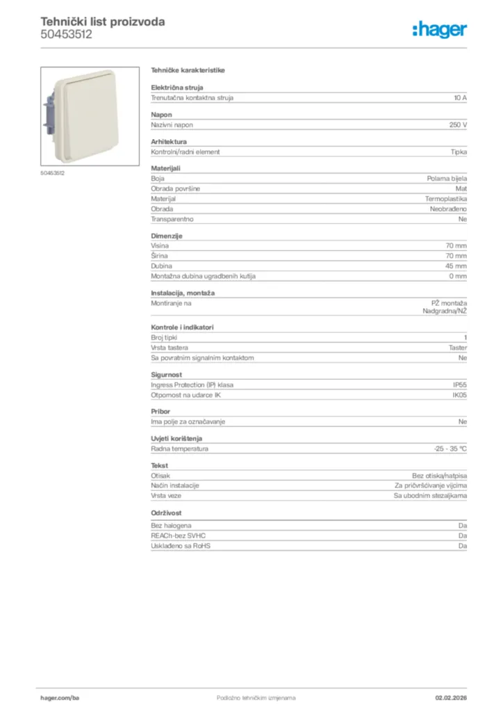 Slika Hager Tehnički list proizvoda 50453512  | Hager