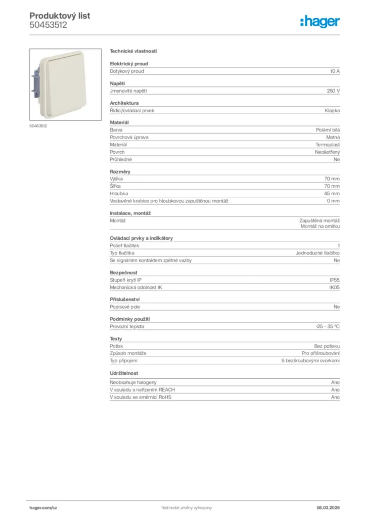 Obrázek Hager Product data sheet 50453512 | Hager