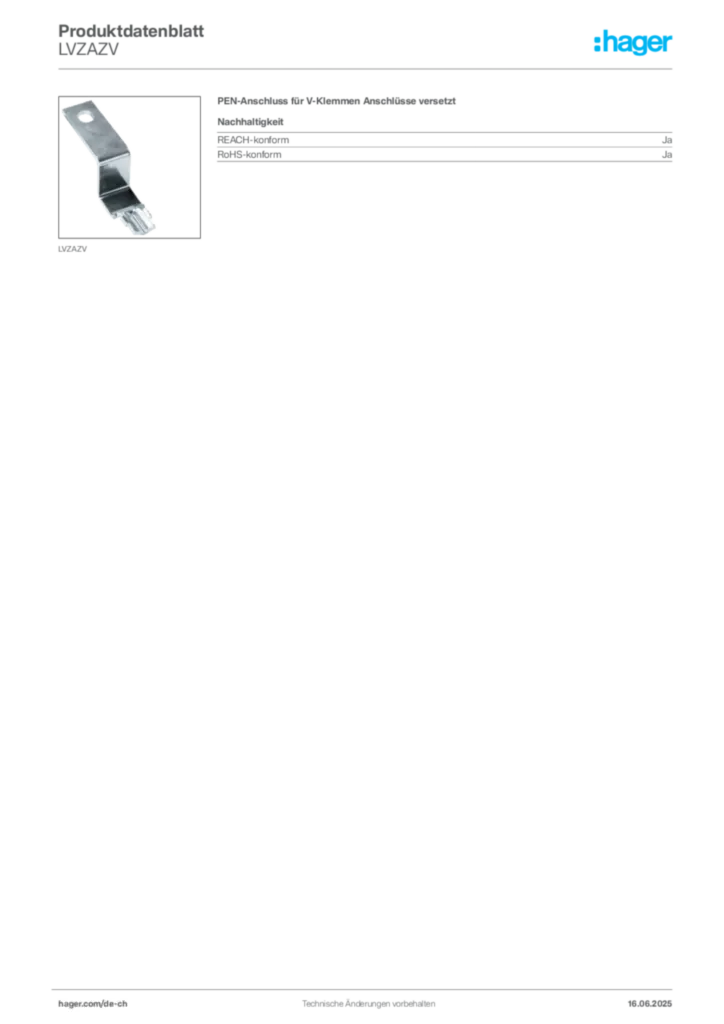 Bild Hager Produktdatenblatt LVZAZV | Hager Schweiz