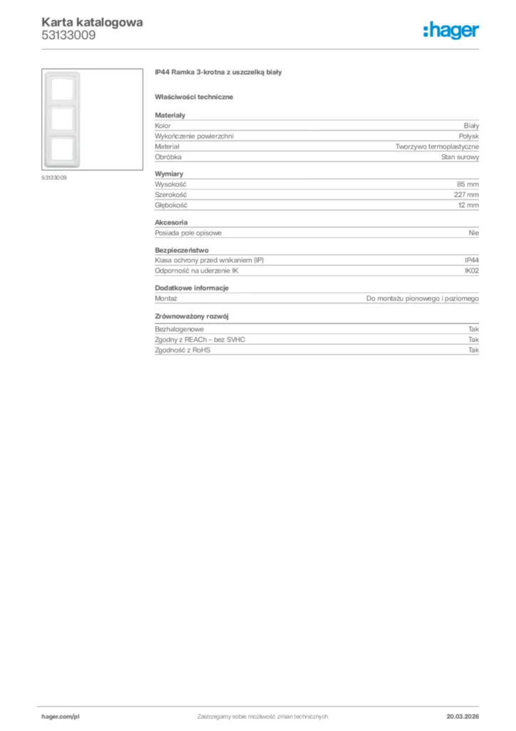 Zdjęcie Hager Karta katalogowa 53133009 | Hager Polska
