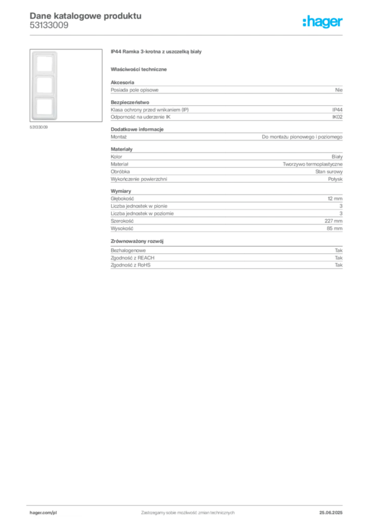 Zdjęcie Hager Dane katalogowe produktu 53133009 | Hager Polska