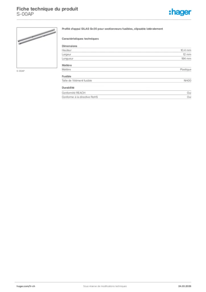 Image Hager Fiche technique du produit S-00AP | Hager Suisse