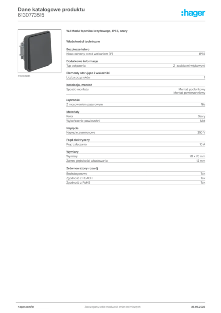 Zdjęcie Hager Dane katalogowe produktu 6130773515 | Hager Polska