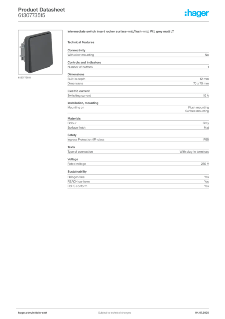 Image Hager Product data sheet 6130773515  | Hager