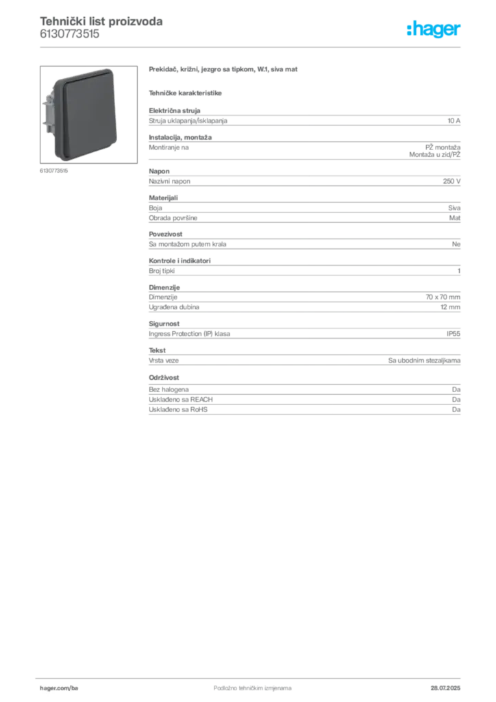 Slika Hager Product data sheet 6130773515  | Hager