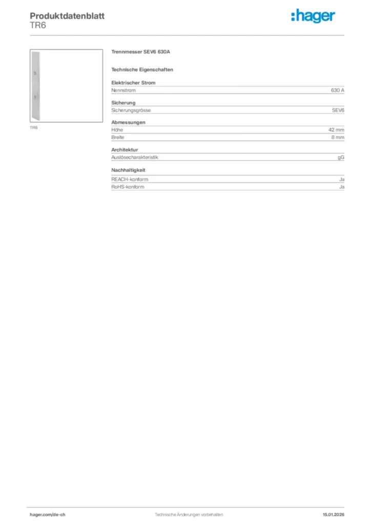 Bild Hager Produktdatenblatt TR6 | Hager Schweiz