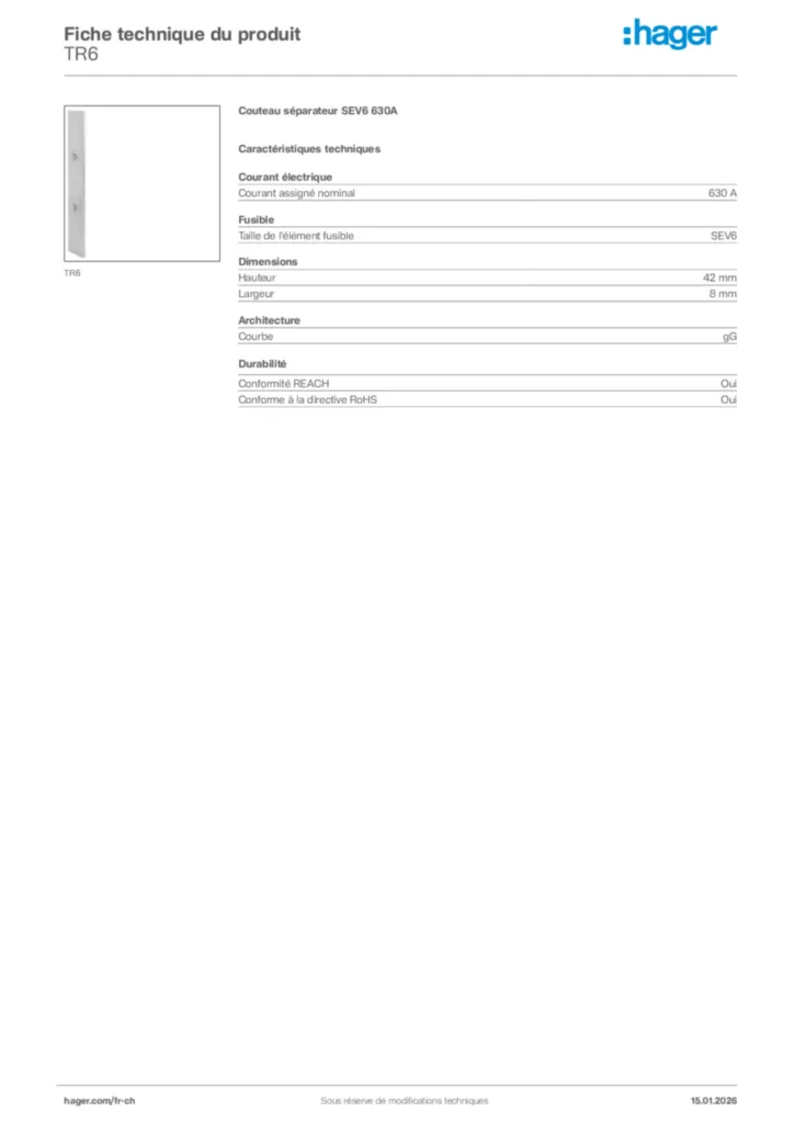 Image Hager Fiche technique du produit TR6 | Hager Suisse