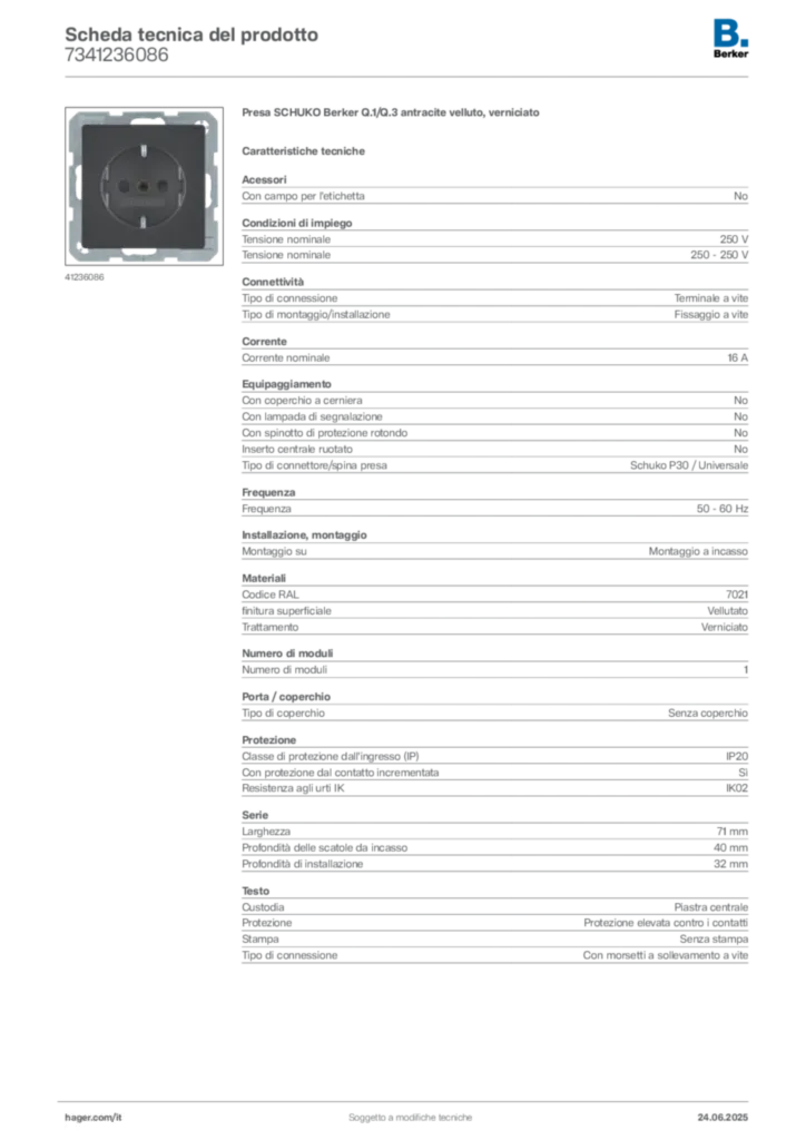 Immagine Berker Scheda tecnica del prodotto 7341236086 | Hager Italia