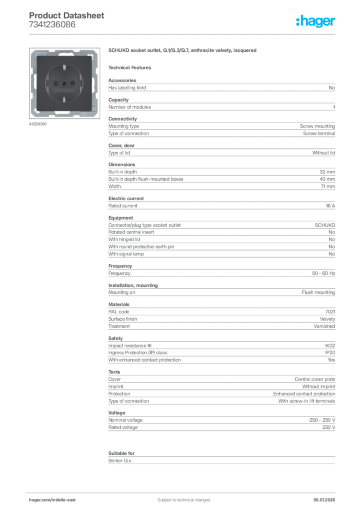 Image Hager Product data sheet 7341236086  | Hager