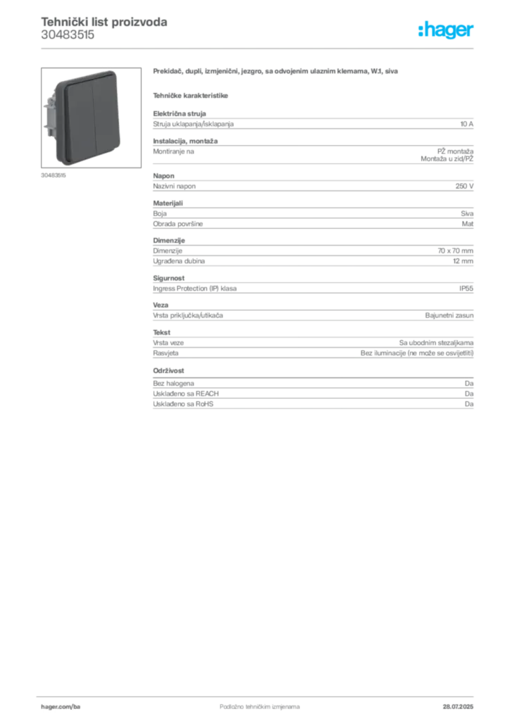 Slika Hager Product data sheet 30483515  | Hager