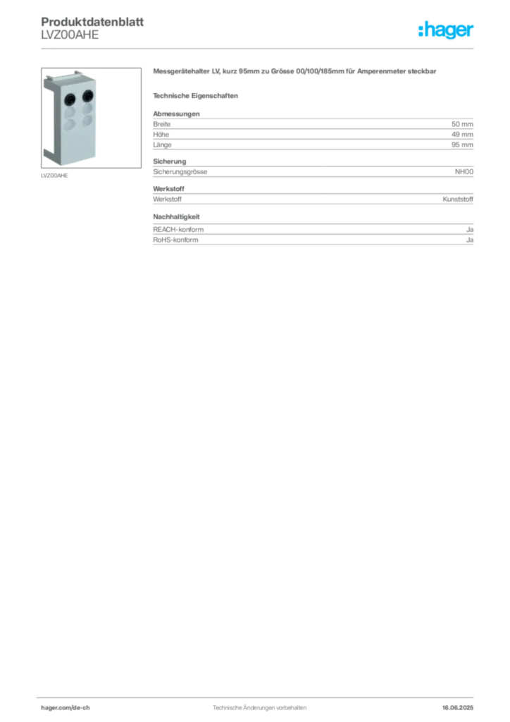 Bild Hager Produktdatenblatt LVZ00AHE | Hager Schweiz