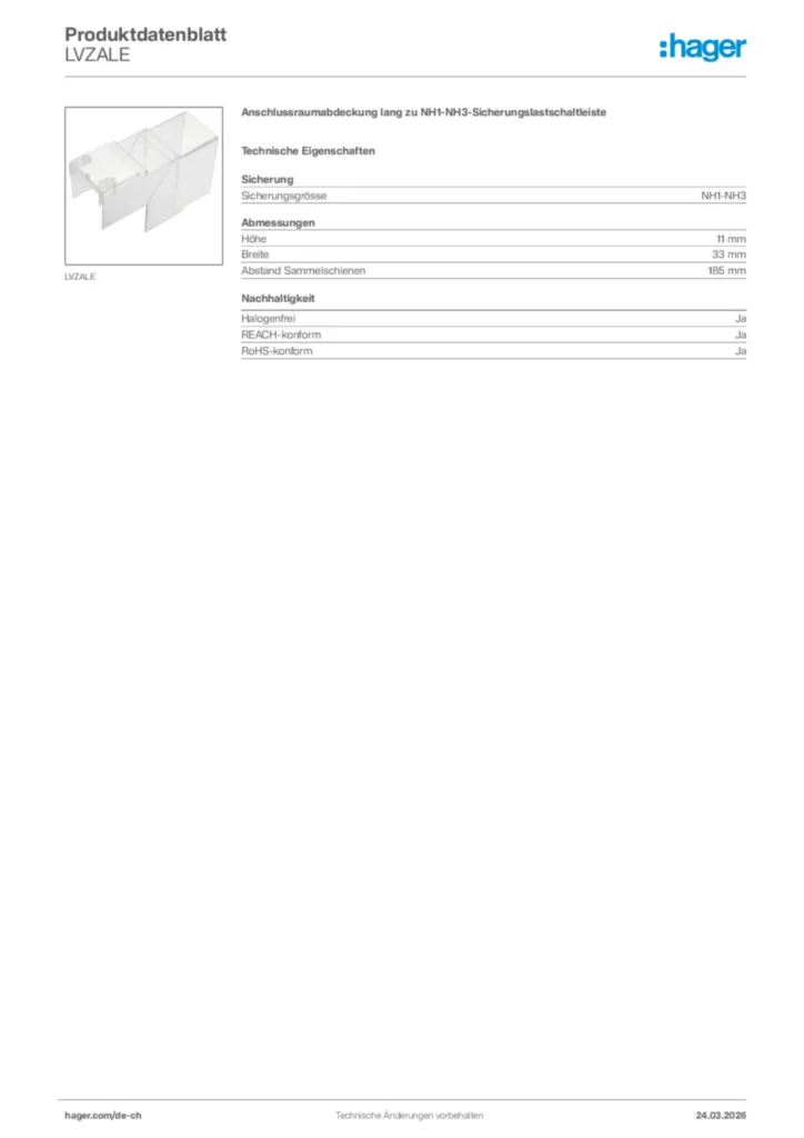 Bild Hager Produktdatenblatt LVZALE | Hager Schweiz