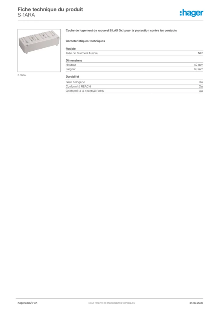 Image Hager Fiche technique du produit S-1ARA | Hager Suisse