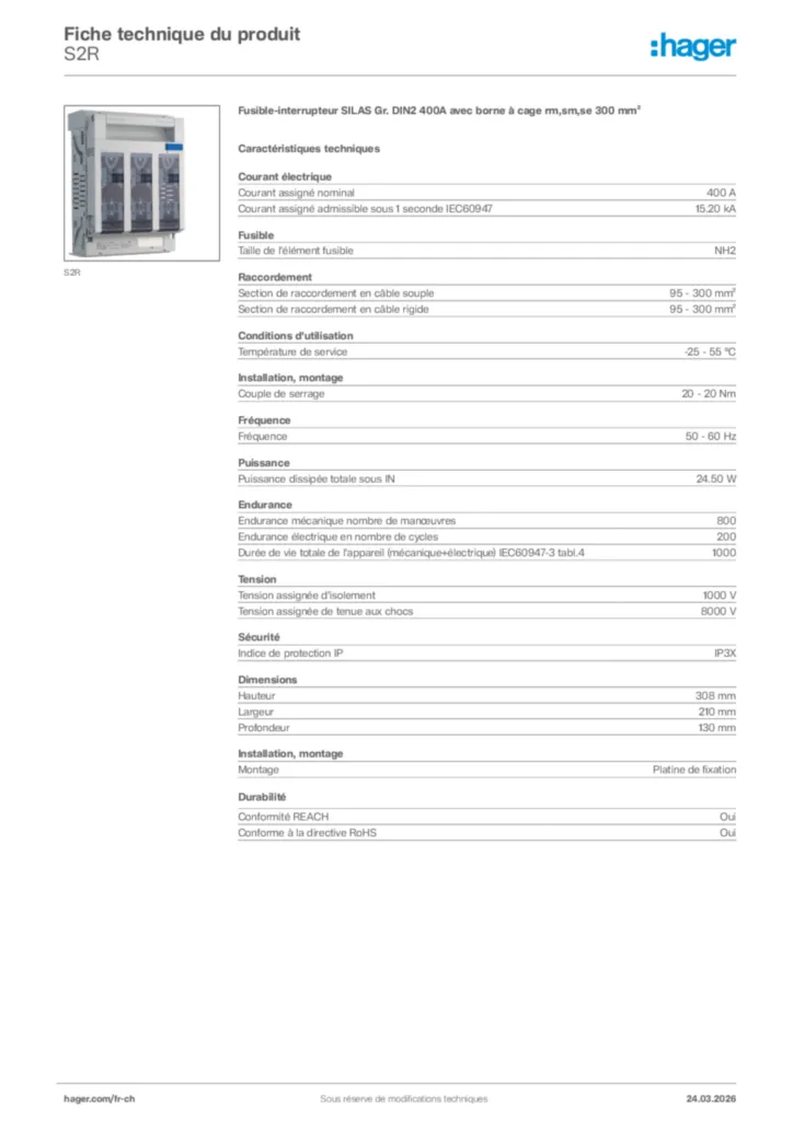 Image Hager Fiche technique du produit S2R | Hager Suisse