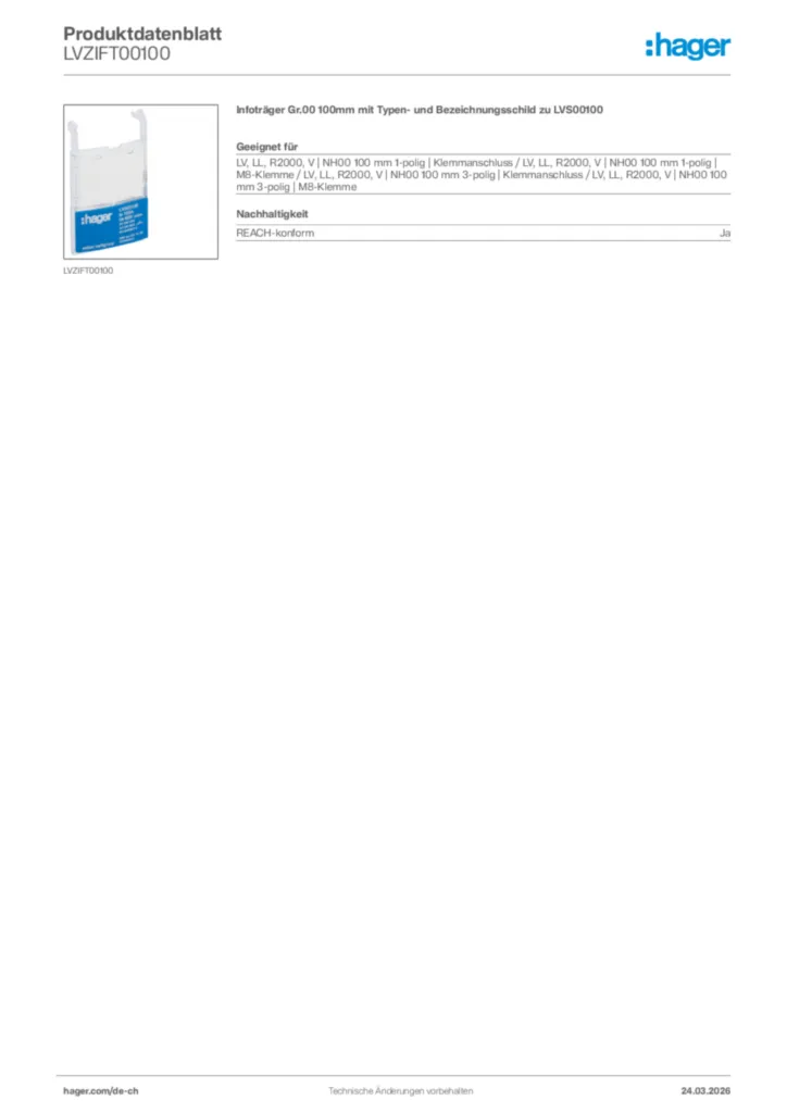 Bild Hager Produktdatenblatt LVZIFT00100 | Hager Schweiz