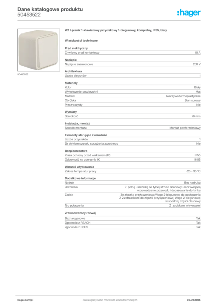 Zdjęcie Hager Dane katalogowe produktu 50453522 | Hager Polska