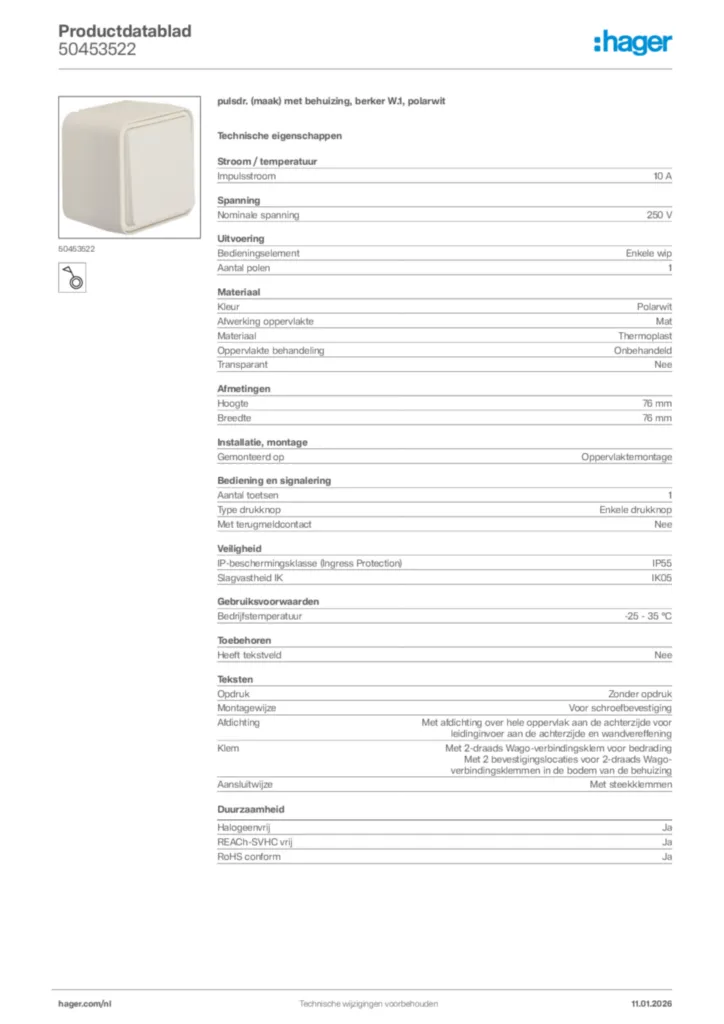 Afbeelding Hager Productdatablad 50453522 | Hager Nederland