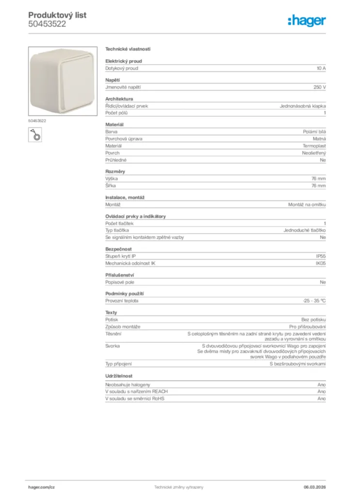 Obrázek Hager Product data sheet 50453522 | Hager