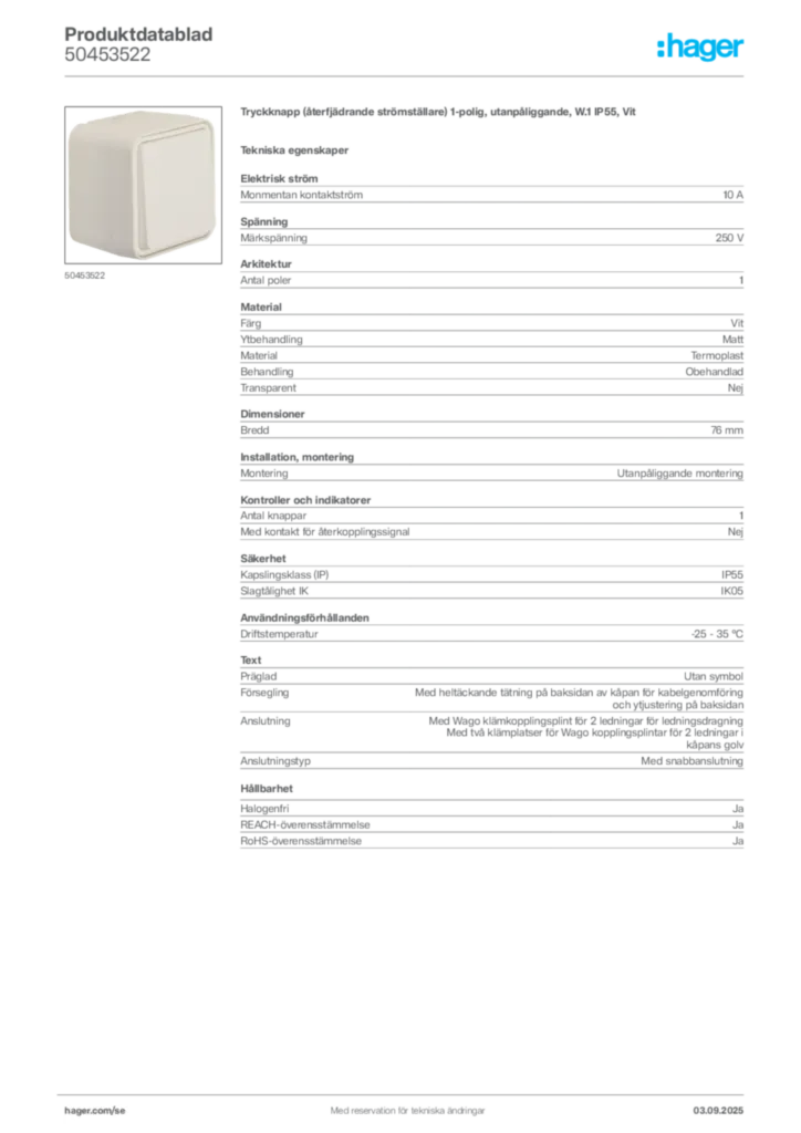 Bild Hager Produktdatablad 50453522 | Hager Sverige