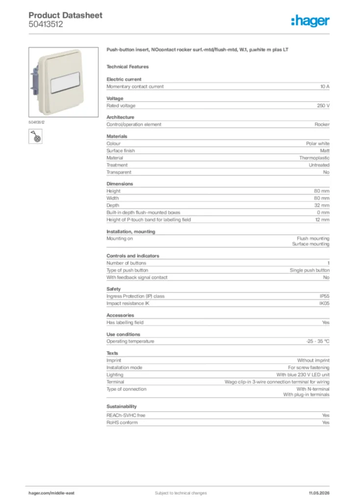 Image Hager Product data sheet 50413512  | Hager