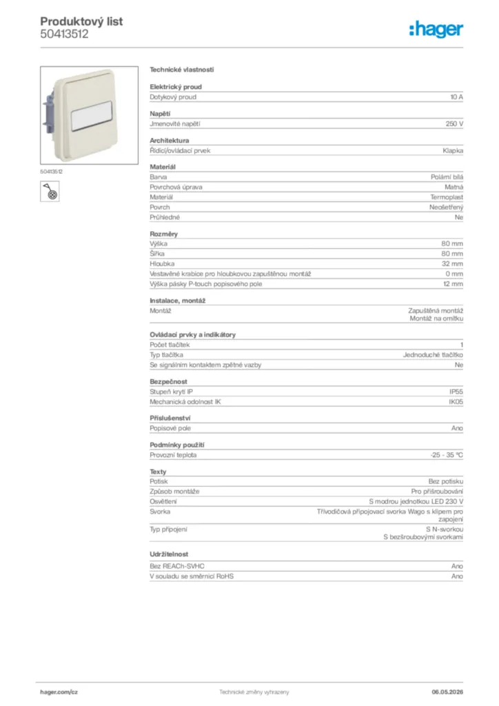 Obrázek Hager Product data sheet 50413512 | Hager