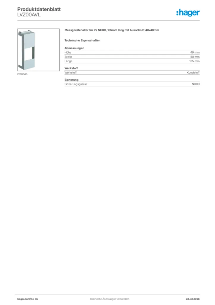 Bild Hager Produktdatenblatt LVZ00AVL | Hager Schweiz
